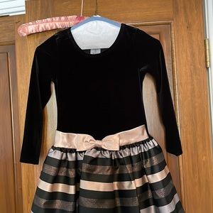 Girls dress. Black velvet top, silver and gold stripe skirt.